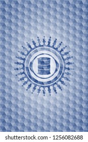 barrel icon inside blue emblem or badge with abstract geometric polygonal pattern background.