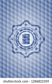 barrel icon inside blue emblem or badge with abstract geometric polygonal pattern background.