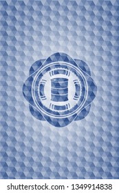 barrel icon inside blue emblem or badge with abstract geometric pattern background.