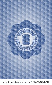 barrel icon inside blue emblem or badge with abstract geometric pattern background.
