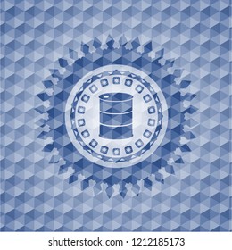 barrel icon inside blue hexagon emblem.