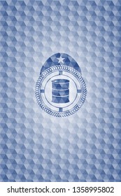 barrel icon inside blue hexagon emblem.
