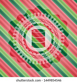 barrel icon inside christmas colors style badge.