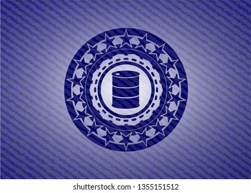 barrel icon inside emblem with denim texture