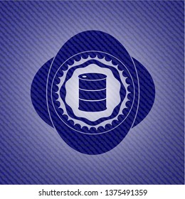 barrel icon inside emblem with jean background