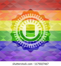barrel icon inside emblem on mosaic background with the colors of the LGBT flag