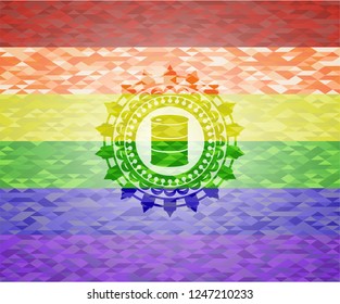 barrel icon inside emblem on mosaic background with the colors of the LGBT flag