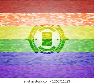 barrel icon inside emblem on mosaic background with the colors of the LGBT flag