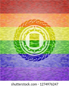 barrel icon inside emblem on mosaic background with the colors of the LGBT flag