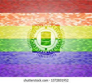 barrel icon inside emblem on mosaic background with the colors of the LGBT flag