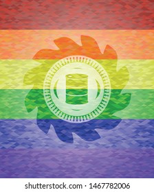 barrel icon inside emblem on mosaic background with the colors of the LGBT flag
