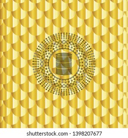 barrel icon inside gold shiny badge. Scales pattern. Vector Illustration. Detailed.