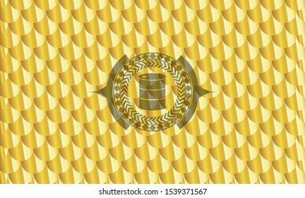barrel icon inside gold shiny emblem. Scales pattern. Vector Illustration. Detailed.