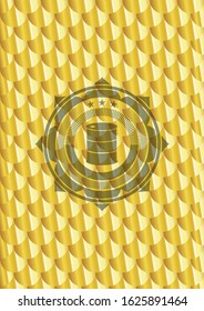 barrel icon inside gold shiny emblem. Scales pattern. Vector Illustration. Detailed.