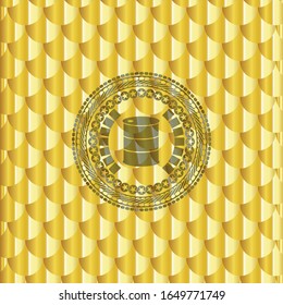 barrel icon inside golden badge or emblem. Scales pattern. Vector Illustration. Detailed.