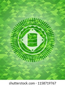 barrel icon inside green emblem with triangle mosaic background