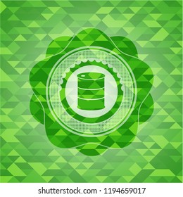 barrel icon inside green emblem with mosaic background