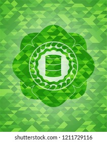 barrel icon inside green emblem with mosaic ecological style background