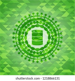 barrel icon inside green emblem with triangle mosaic background