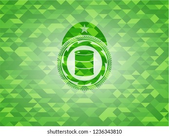 barrel icon inside green emblem with mosaic background
