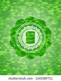 barrel icon inside green emblem. Mosaic background