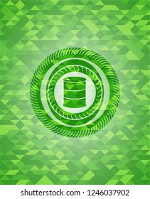 barrel icon inside green emblem. Mosaic background