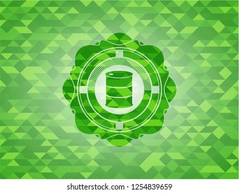barrel icon inside green emblem with triangle mosaic background