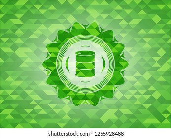 barrel icon inside green emblem. Mosaic background
