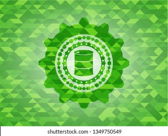 barrel icon inside green emblem with triangle mosaic background