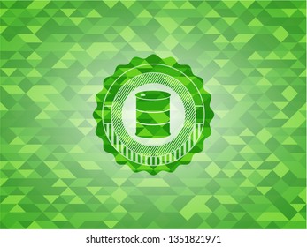 barrel icon inside green emblem with mosaic ecological style background