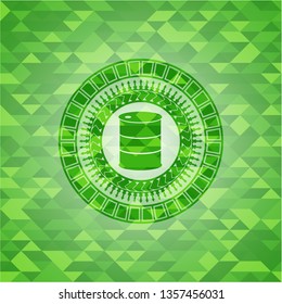 barrel icon inside green emblem with mosaic background