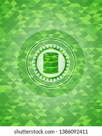 barrel icon inside green emblem with triangle mosaic background