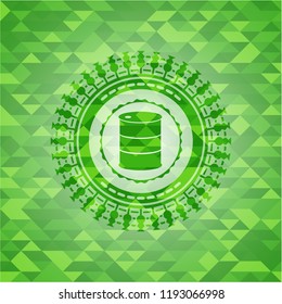 barrel icon inside green mosaic emblem