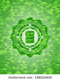 barrel icon inside green mosaic emblem