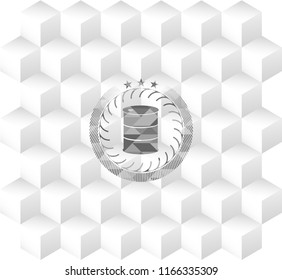 barrel icon inside grey badge with geometric cube white background
