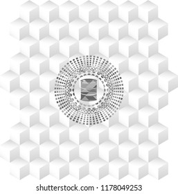 barrel icon inside grey badge with geometric cube white background