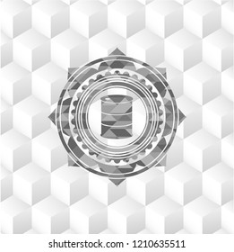 barrel icon inside grey badge with geometric cube white background
