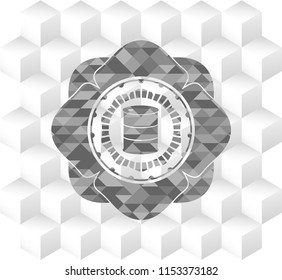 barrel icon inside grey emblem with geometric cube white background