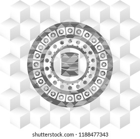 barrel icon inside grey emblem with cube white background