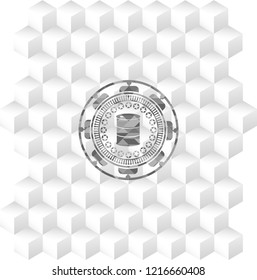 barrel icon inside grey emblem with geometric cube white background
