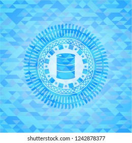 barrel icon inside light blue emblem. Mosaic background
