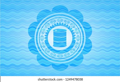 barrel icon inside light blue water wave emblem.