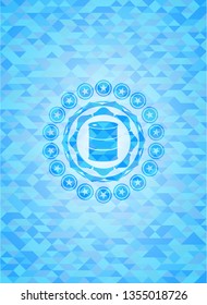 barrel icon inside light blue emblem. Mosaic background