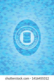 barrel icon inside light blue emblem with mosaic background