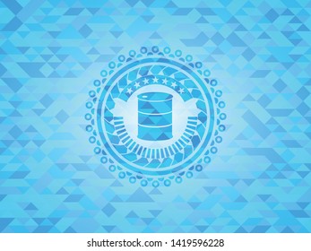 barrel icon inside light blue emblem with triangle mosaic background