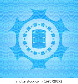 barrel icon inside light blue water wave emblem.