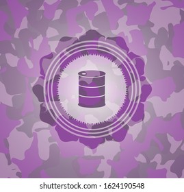 barrel icon inside pink camouflaged emblem