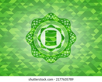 barrel icon inside realistic green emblem. Mosaic background. 