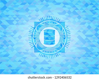 barrel icon inside realistic light blue emblem. Mosaic background