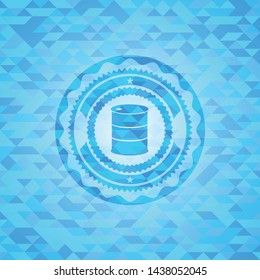barrel icon inside realistic light blue emblem. Mosaic background
